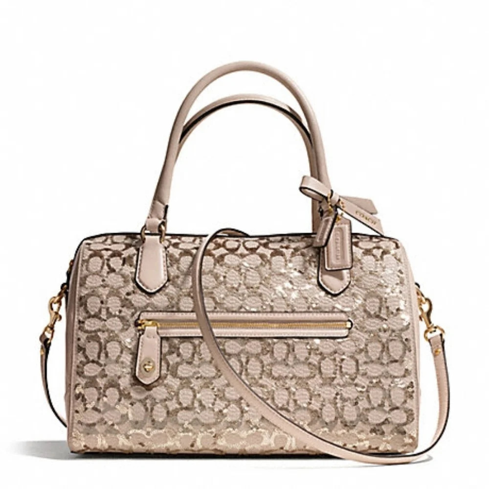 Coach Champagne Leather Gold Sequined Poppy Signature East West Satchel